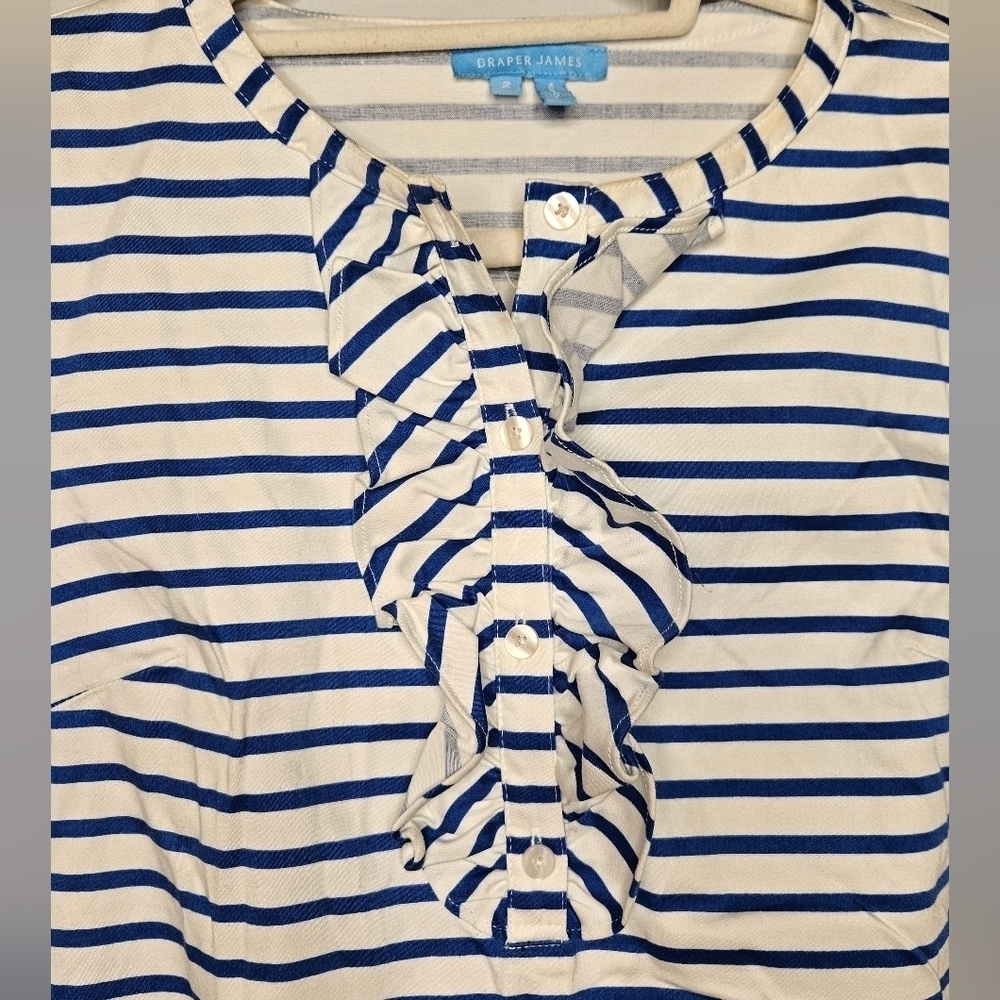 Draper James White Blue Striped Ruffle  3/4 Bell Sleeve Knee Length Dress SZ 2 - Picture 3 of 11
